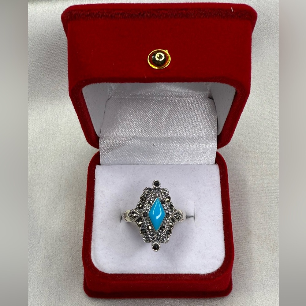 Antique silver Marcasite and Natural sleep beauty turquoise ring